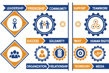  A digital illustration of a set of 24 social media icons, each representing a different concept related to community and social media. The icons are designed in a simple, flat style with a blue and 