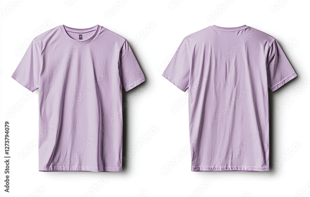 Poster t-shirt template set in purple or violet, with front and back views on white background and shadow, 