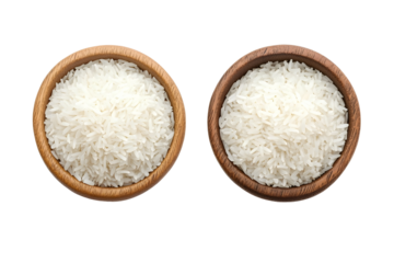 Rice in wooden bowl Isolated on white background.