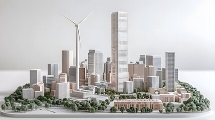 Fototapeta premium Futuristic urban landscape featuring eco friendly skyscrapers powered by integrated wind and solar energy sources