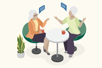 Two old friends having nice chat at cafe. Elderly women drink tea or coffee, discussing latest news. Isometric flat vector illustration