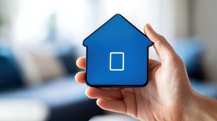 A hand holds a blue house-shaped icon, symbolizing home, technology, or smart living against a blurred interior background.