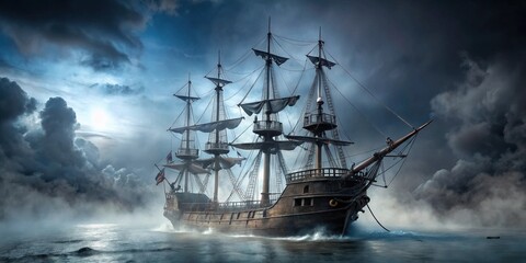 A Majestic Galleon Cuts Through the Misty Sea Under a Dramatic Sky