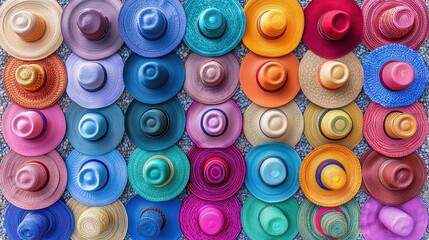 A colorful display of unique hats on shelves showcasing various designs and patterns