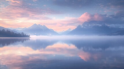 Fototapeta premium Serene mountain lake at sunrise, tranquil reflection of pastel clouds and peaks.
