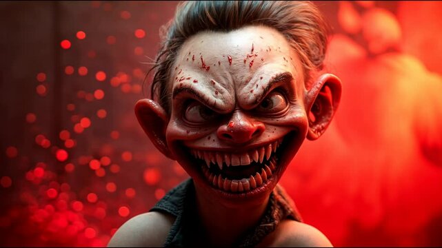 Evil Bloody Demon Grinning Horror Face; Creepy Monster Shows Wicked Smile, Terrifying Nightmare Scene, Halloween Theme