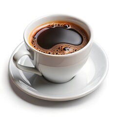 Coffee Mug with Latte Art and Coffee Beans Top View Isolated on White Background
