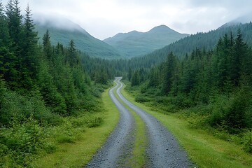 Fototapeta premium Tranquil gravel road winding through lush mountains scenic nature landscape view