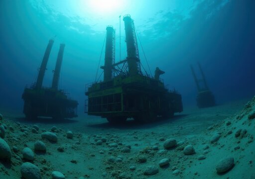 Underwater drilling rig with multiple towers situated on ocean floor