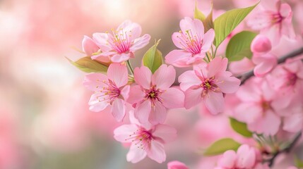 A close-up of cherry blossom flowers with soft pink petals and green leaves, set against a blurred background of a lush, blooming cherry tree.