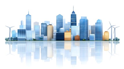 Naklejka premium Illustrated 3D rendering of a zero emission eco friendly high tech metropolis with a sustainable skyline featuring wind turbines solar panels and other renewable energy infrastructure