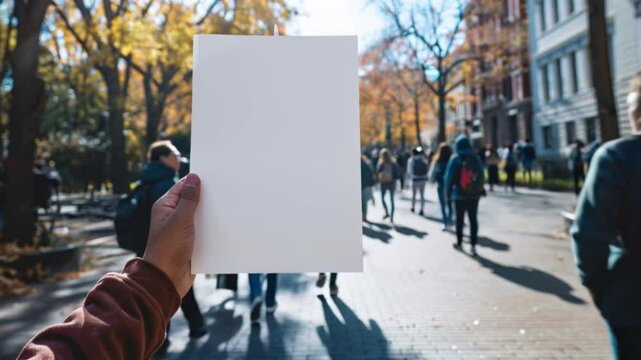 Hand holding blank flyer mockup being distributed on a college campus	