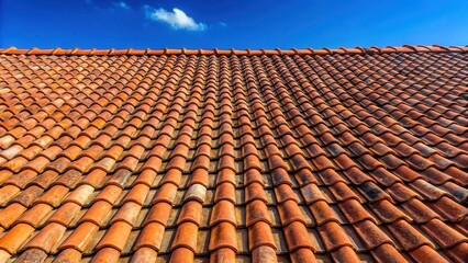Weathered red tile roof under midday sunlight on blue sky background, exterior, weathered,  exterior, weathered, sunny, tiles