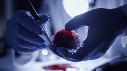 Detective examining a bloodstained object at a crime scene. Featuring close inspection and investigation