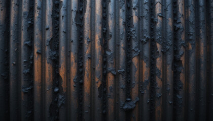 Charred and blackened corrugated metal with burned edges and smoky textures, showing intense fire damage aftermath