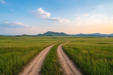 Fototapeta premium Tranquil scenic road journey through lush green fields a nature photography experience
