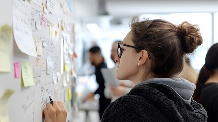 Collaborative brainstorming session in a modern office during the day with sticky notes and ideas shared among team members