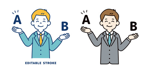 2つを比較検討して解決した、若いビジネスマンのベクターイラスト素材＿線幅の編集可能