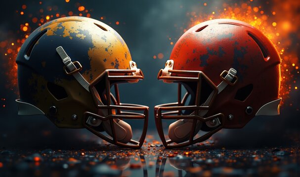 Dynamic close-up of two contrasting football helmets, symbolizing competition and rivalry in sports. Ideal for promotions, articles, or events related to American football.