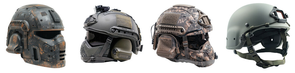Tactical Military Helmets with Matte Finish Isolated on White Background for Equipment and Gear Display, Professional Use