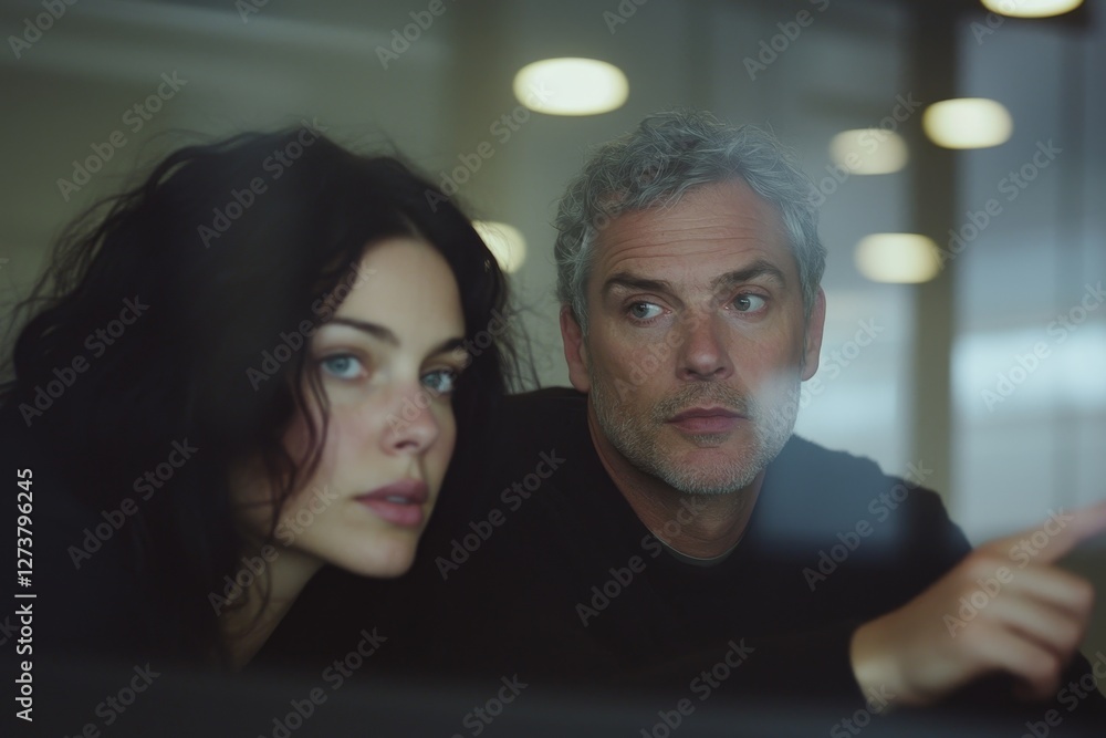 Poster two individuals are depicted in a side view portrait, pointing at a computer screen as part of their