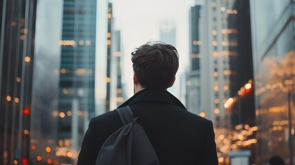 Fototapeta premium Man walking through a bustling city street surrounded by tall buildings at dusk while carrying a bag