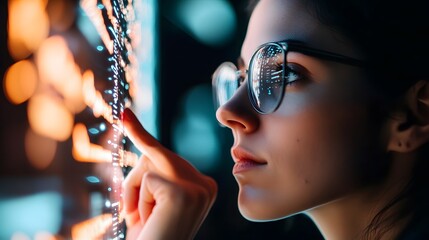 Young woman interacting with a digital display in a modern tech environment at night