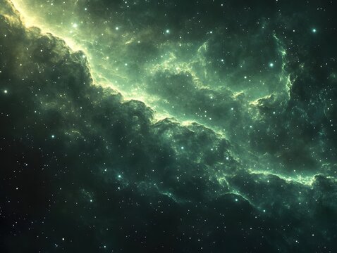 Ethereal emerald nebula with glowing stars and cosmic clouds in the vastness of deep space