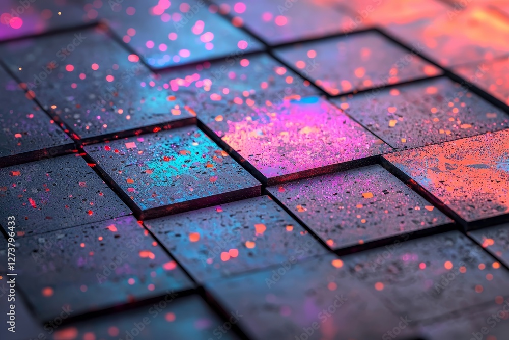 Poster a close-up image of silver rainbow holographic dot foil material with a vibrant holographic surface 