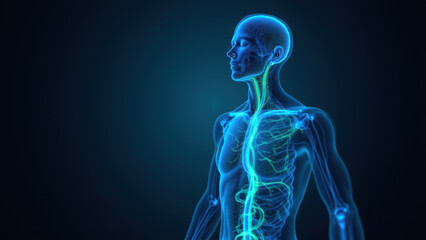 Illustration of a human body with highlighted nerves focused on the neck region, likely showcasing VNS or vagus nerve stimulation for medical purposes.