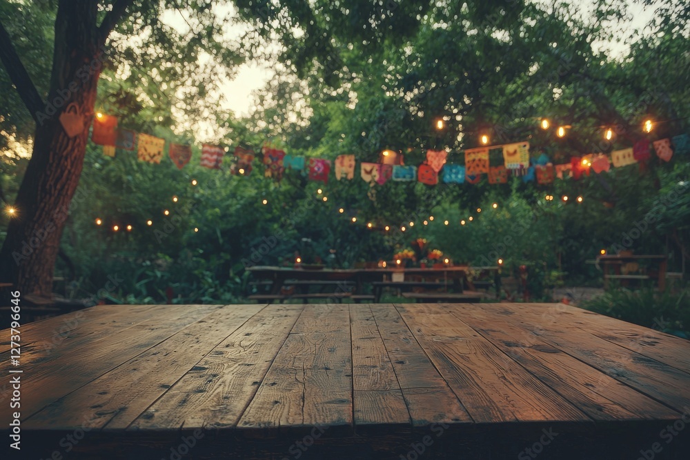 Poster an empty wooden table stands out against a blurred, multicolored bokeh background, designed to displ