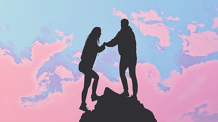 A pair of suit-clad entrepreneurs collaborate to conquer a mountain's highest point, one providing aid to the other as they ascend, embodying the principles of teamwork, mentorship, triumph, support