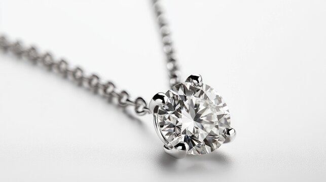 A detailed close-up of a solitaire diamond pendant with a fine chain, set against a pure white background to emphasize the diamond's brilliance.