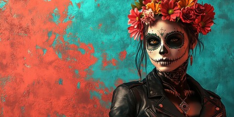 Celebration of Life with Catrina Figure in Colorful Traditional Attire and Floral Crown