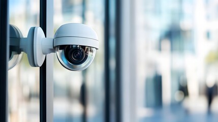 Security camera installed on modern building capturing activity in urban environment during daylight hours