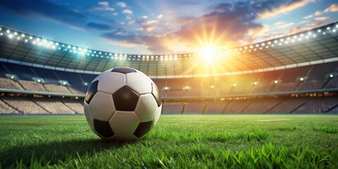 Soccer ball on green field with blurred stadium in the background, with sunlight casting a warm glow on the grass