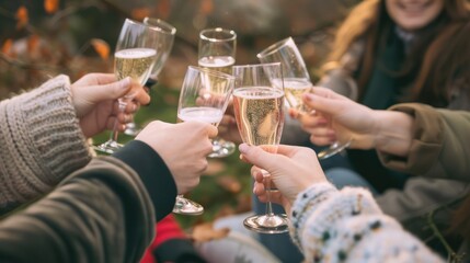 Friends Toasting with Champagne in Autumn