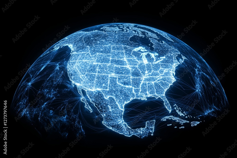 Poster the globe of the 3d world facilitates data exchange through a network of connections across planet e