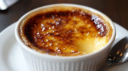 CrÃ¨me BrÃ»lÃ©e Close-up with Caramelized Sugar Crust Ready to Eat