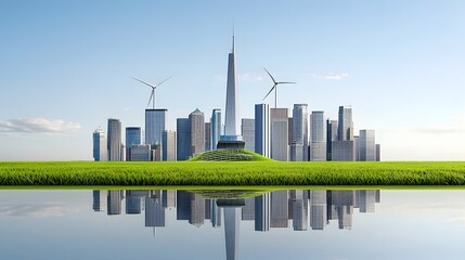Obraz premium Sustainable and Futuristic Urban Skyline with Wind Turbines Solar Panels and a Floating Eco City Reflecting on Lush Greenery A Vision of a Carbon Free and Innovative City of the Future