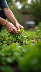 Person is tending to garden, carefully handling young plant with green leaves. Gardening, nurturing process of plant care. Agriculture, sustainability, and nature.