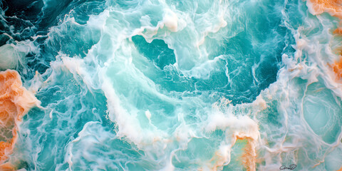 Obraz premium Aerial View of Splashing Ocean Waves With Turquoise Hue and Crashing Foam Texture