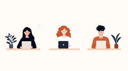 Obraz premium Three diverse individuals engaged in productive remote work in a modern home office setting