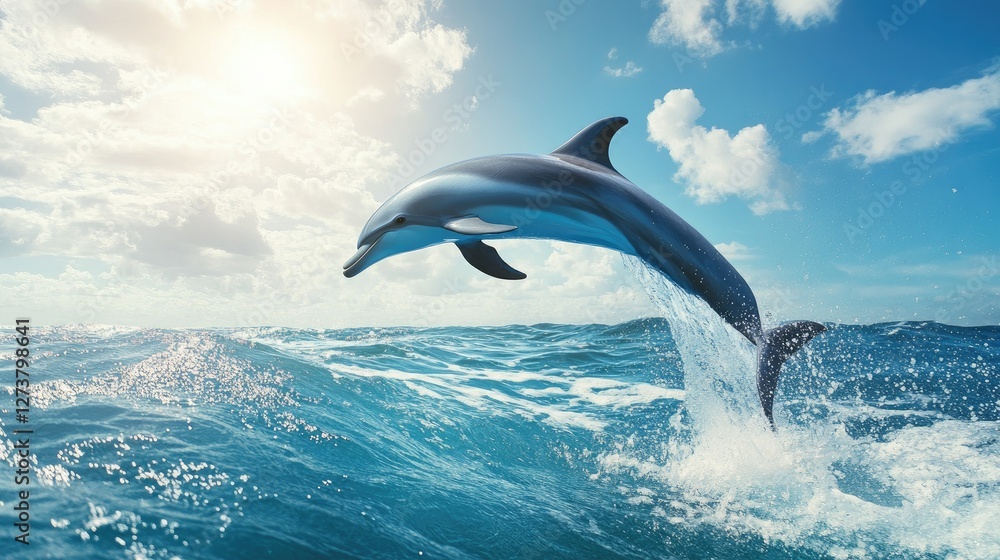 Aufkleber a dynamic image of a dolphin performing a high jump above the ocean waves, set against a backdrop of