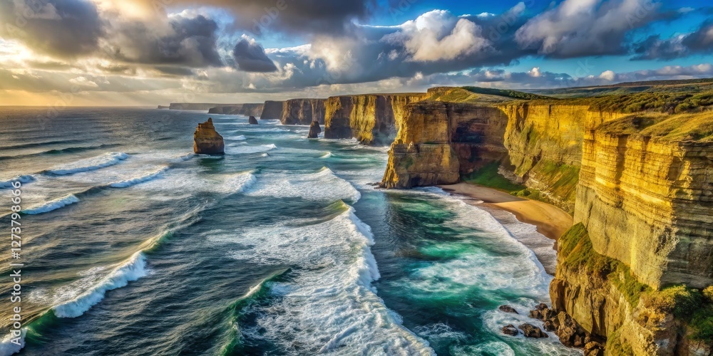 Wall mural Stunning Coastal Cliffs and Waves at Sunset Overlooking Ocean