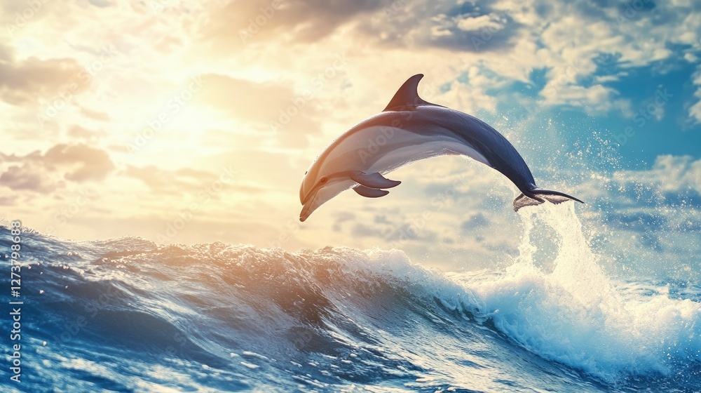 Aufkleber a dynamic image of a dolphin performing a high jump above the ocean waves, set against a backdrop of