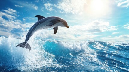 Fototapeta premium A dynamic image of a dolphin performing a high jump above the ocean waves, set against a backdrop of a sunny sky and a sparkling sea.