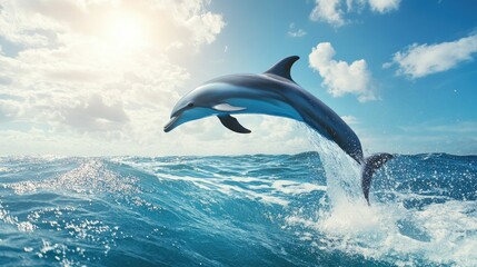 Fototapeta premium A dynamic image of a dolphin performing a high jump above the ocean waves, set against a backdrop of a sunny sky and a sparkling sea.