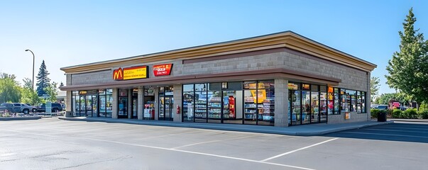 An exterior view of a convenience store with a large parking lot, bright signage, and a welcoming entrance