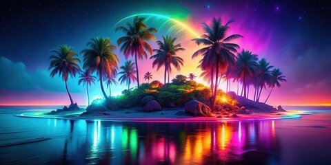 Naklejka premium Island at Night with Vibrant Neon Beach and Glowing Waters, beach, beach at night, beach